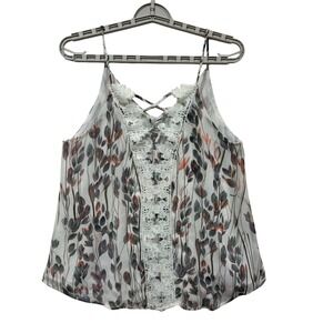 Blu Heaven Women White Botanical Leaf Print Lace Trim Strappy Cami Top Small